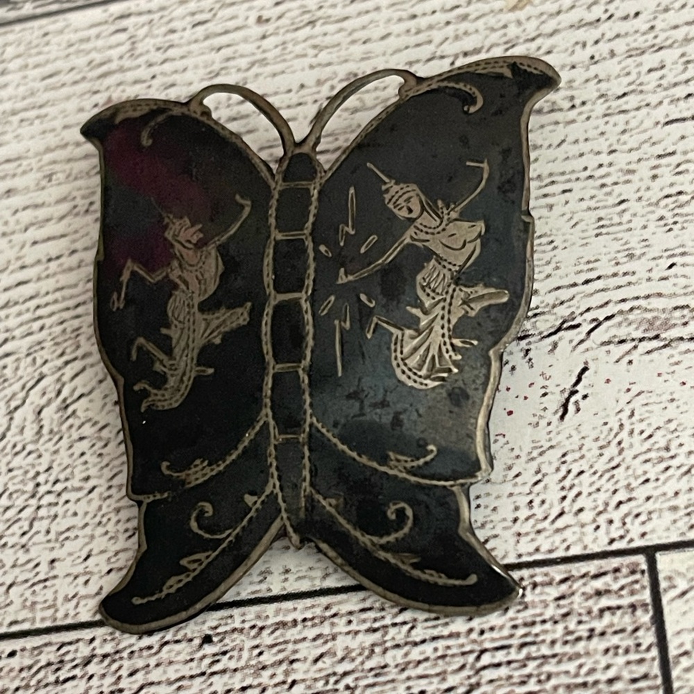 Siam Sterling Silver/Black NIELLO Dancers Butterfly brooch - Picture 3 of 9